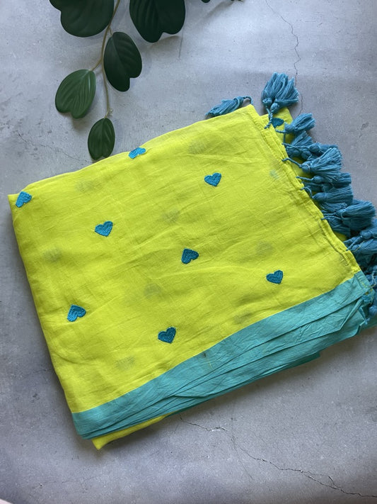 Green Heart Embroidery Pure Mul Cotton Saree