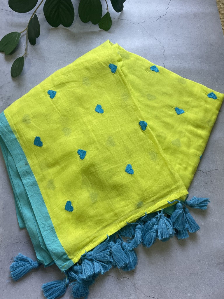 Green Heart Embroidery Pure Mul Cotton Saree