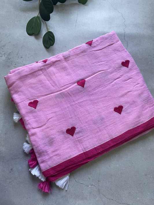 Pink Heart Embroidery Pure Mul Cotton Saree