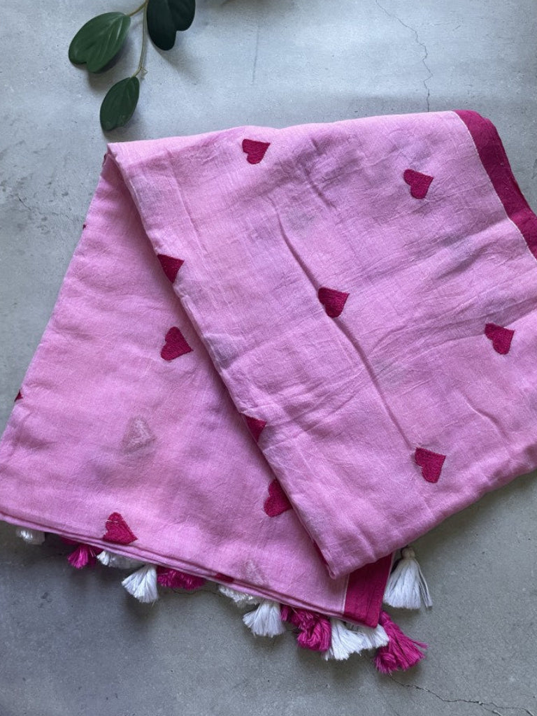 Pink Heart Embroidery Pure Mul Cotton Saree