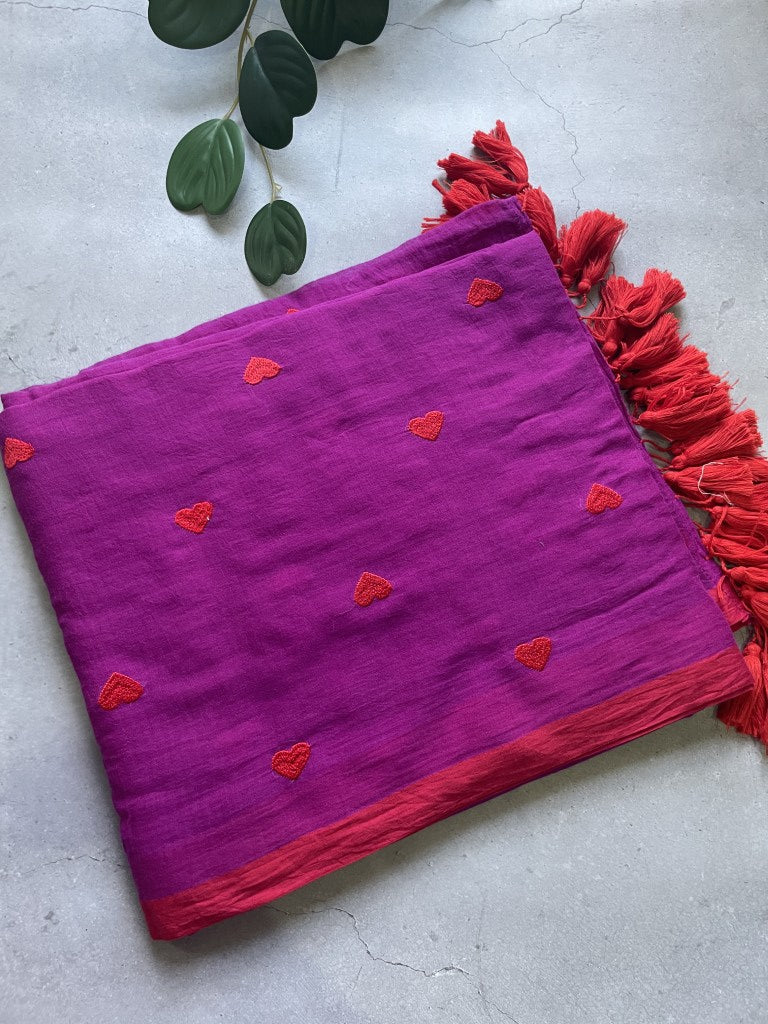 Magenta Heart Embroidery Pure Mul Cotton Saree