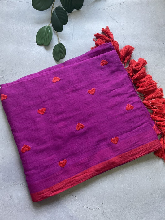 Magenta Heart Embroidery Pure Mul Cotton Saree