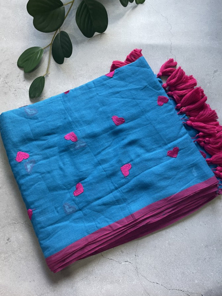 Blue Heart Embroidery Pure Mul Cotton Saree