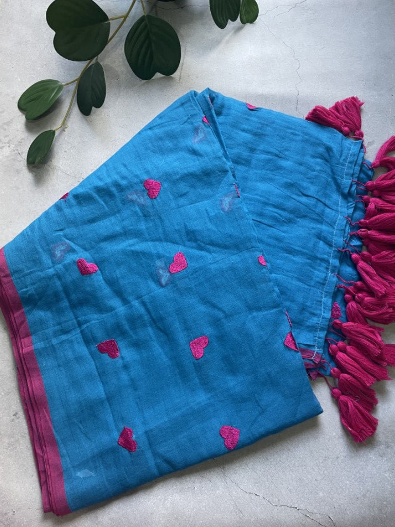 Blue Heart Embroidery Pure Mul Cotton Saree