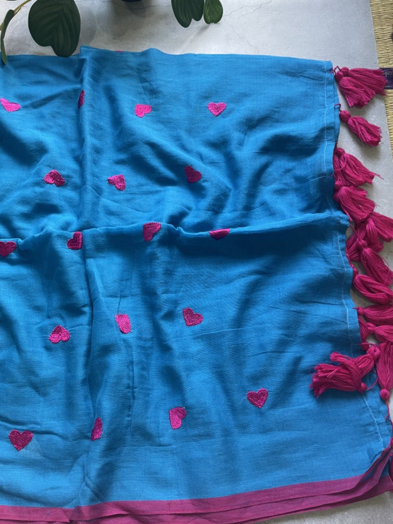 Blue Heart Embroidery Pure Mul Cotton Saree