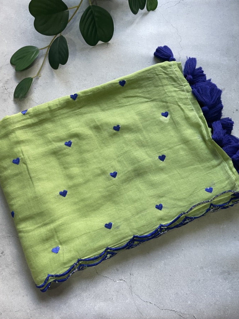 Green Heart Embroidery Pure Mul Cotton Saree