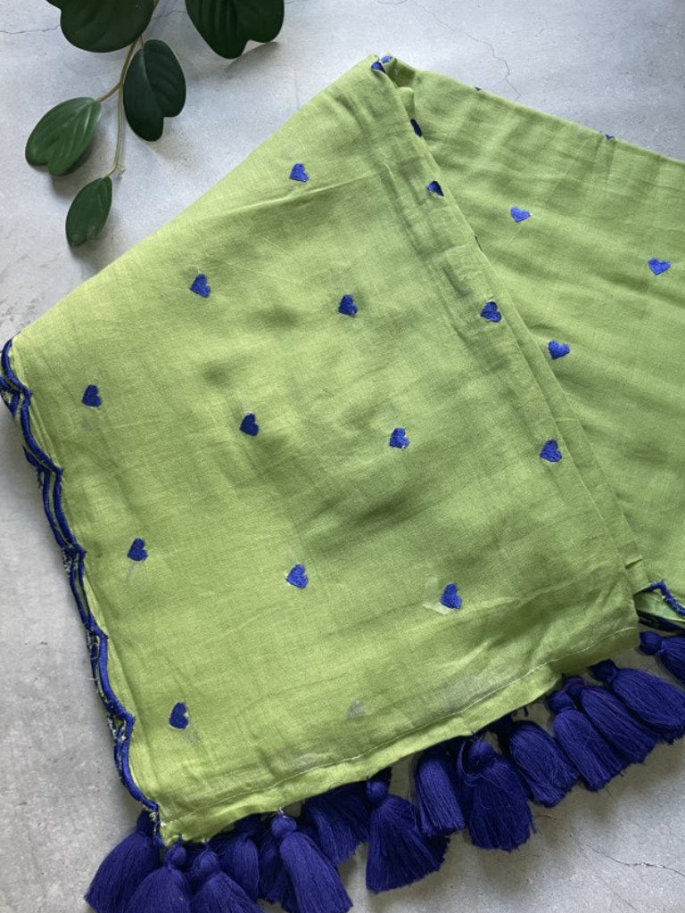 Green Heart Embroidery Pure Mul Cotton Saree