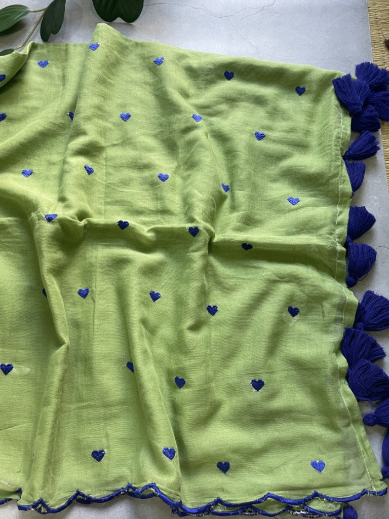 Green Heart Embroidery Pure Mul Cotton Saree