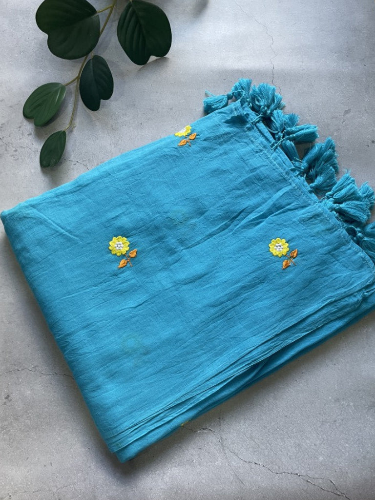 Blue Floral Embroidery Pure Mul Cotton Saree