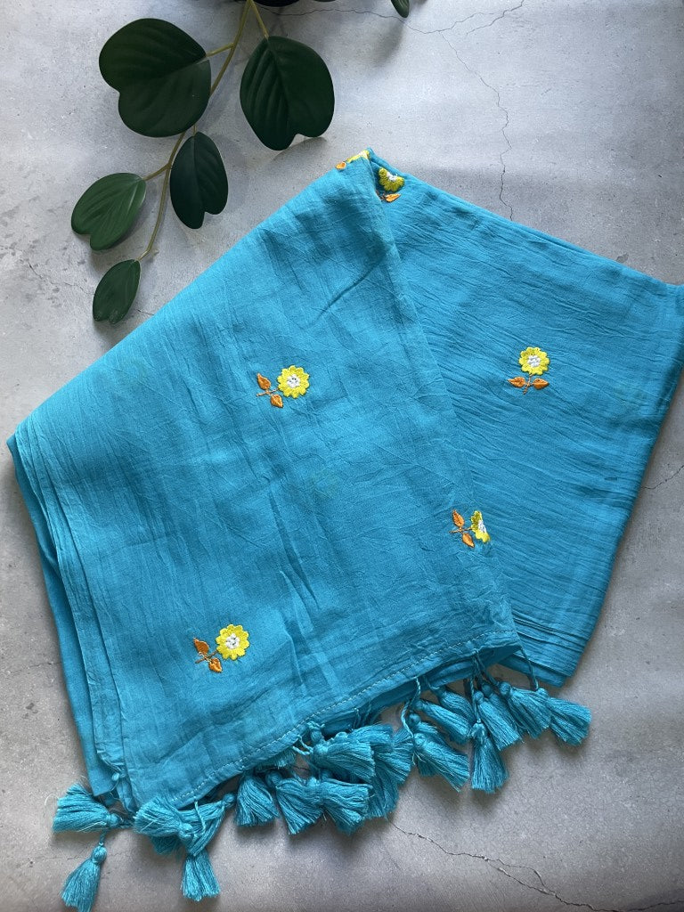Blue Floral Embroidery Pure Mul Cotton Saree