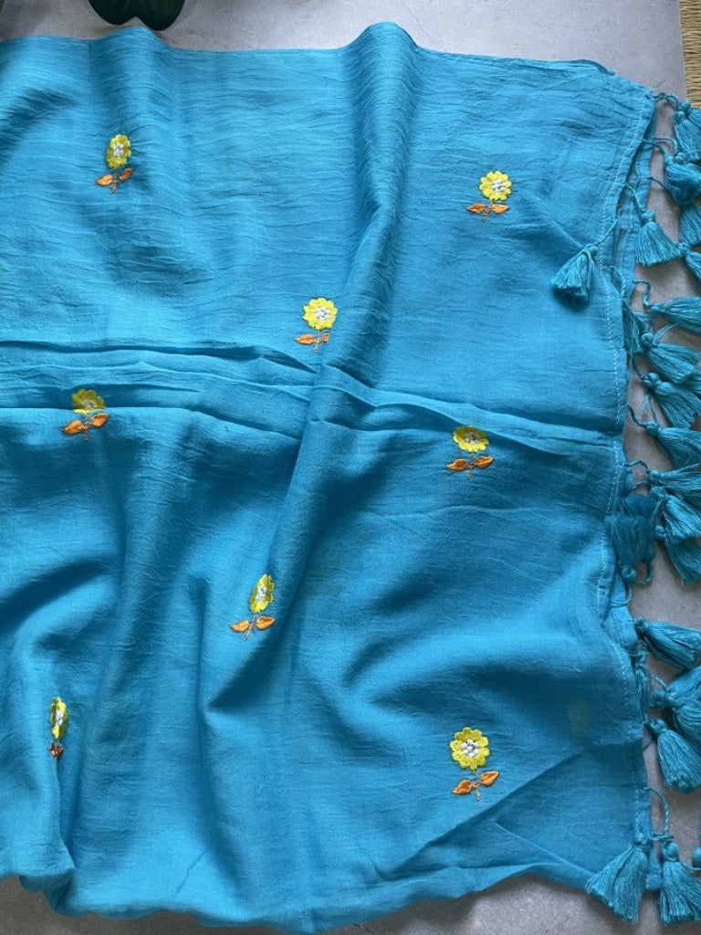 Blue Floral Embroidery Pure Mul Cotton Saree