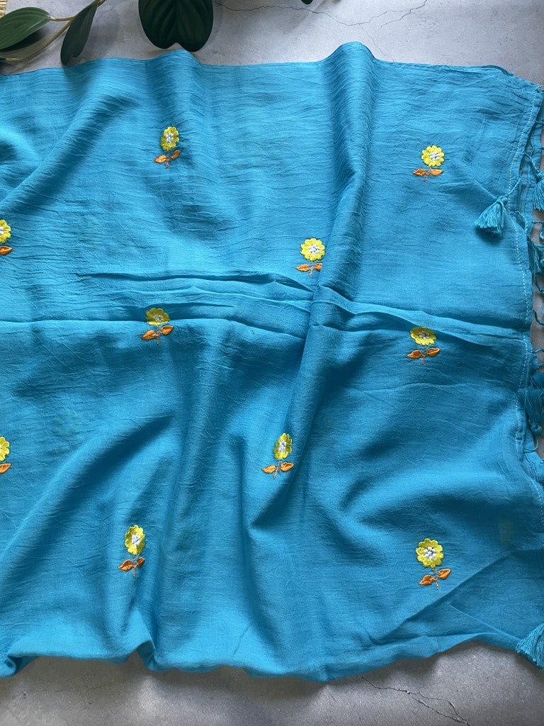 Blue Floral Embroidery Pure Mul Cotton Saree