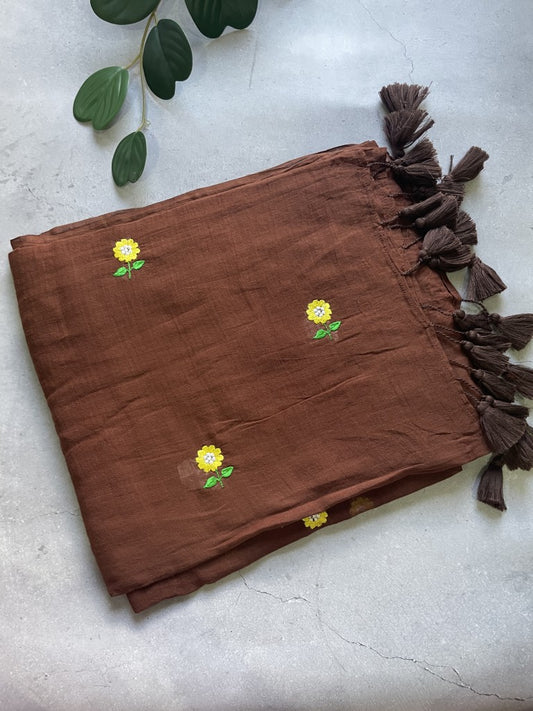 Brown Floral Embroidery Pure Mul Cotton Saree