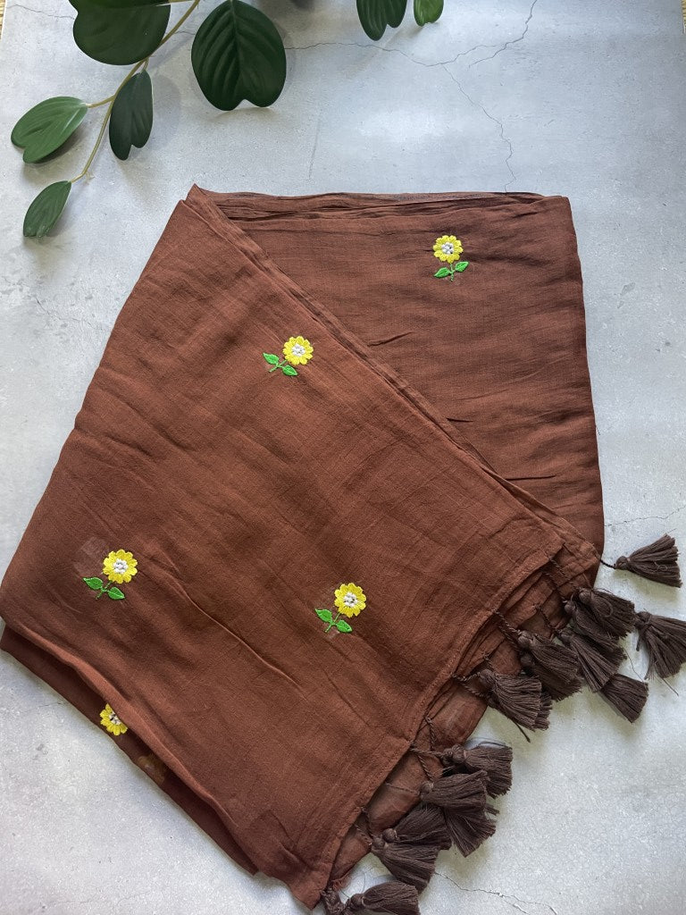 Brown Floral Embroidery Pure Mul Cotton Saree