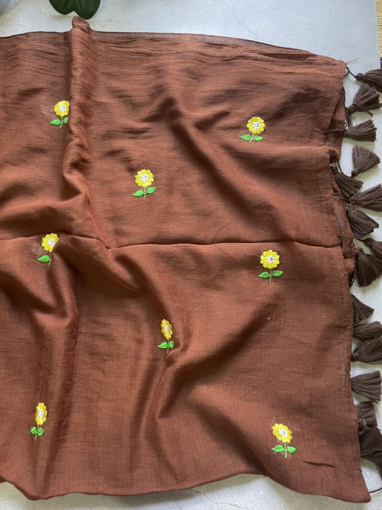 Brown Floral Embroidery Pure Mul Cotton Saree