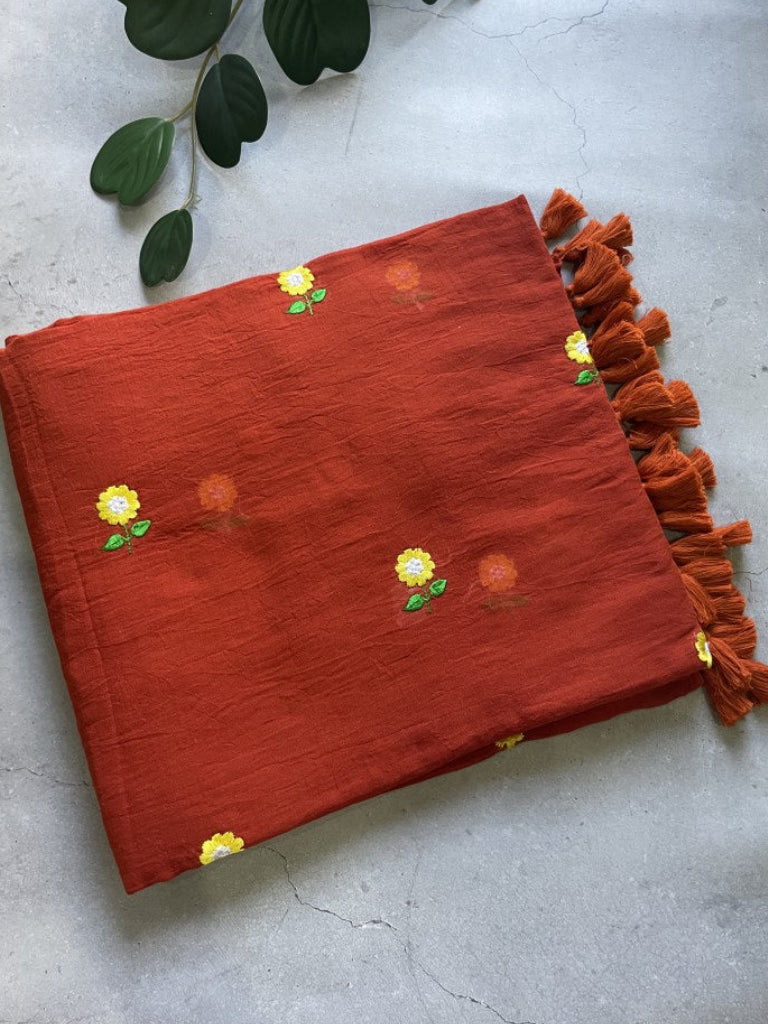 Rust Floral Embroidery Pure Mul Cotton Saree