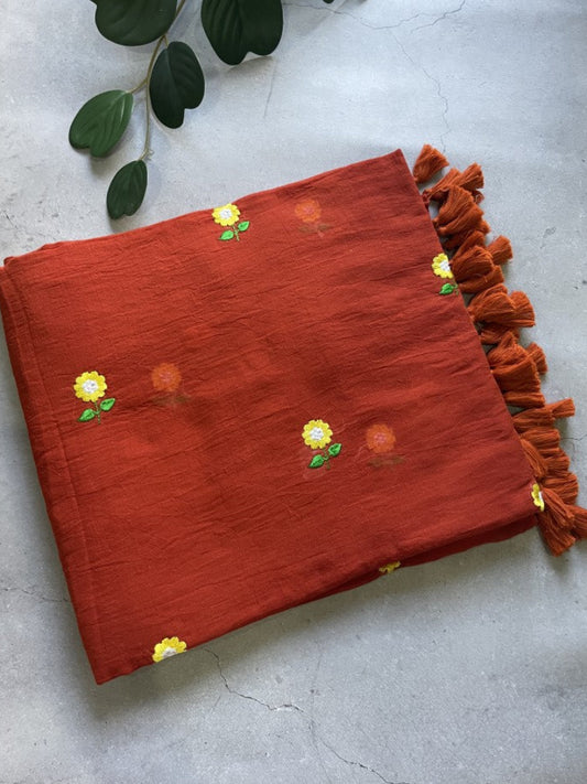 Rust Floral Embroidery Pure Mul Cotton Saree