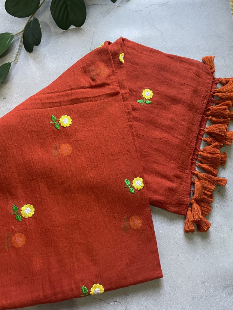 Rust Floral Embroidery Pure Mul Cotton Saree
