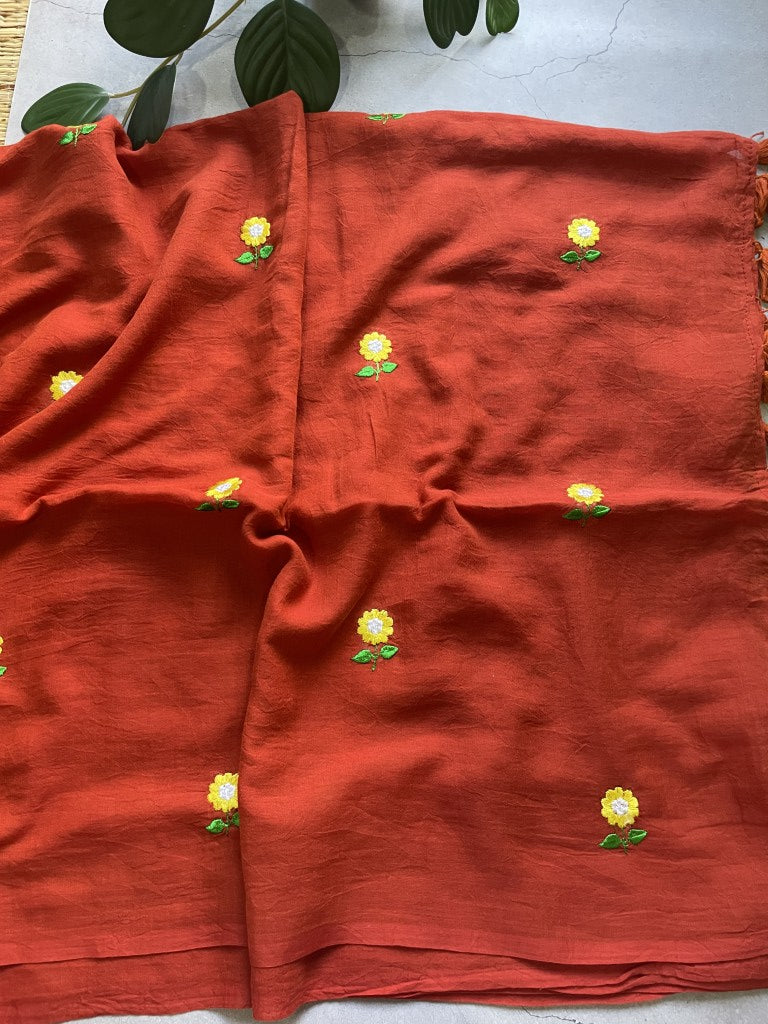 Rust Floral Embroidery Pure Mul Cotton Saree
