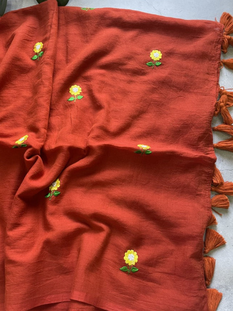 Rust Floral Embroidery Pure Mul Cotton Saree