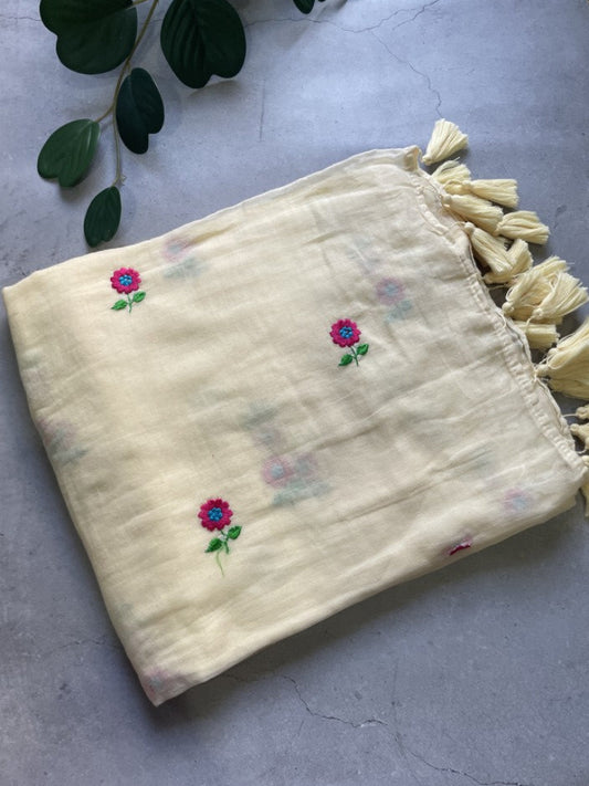 Off White Floral Embroidery Pure Mul Cotton Saree