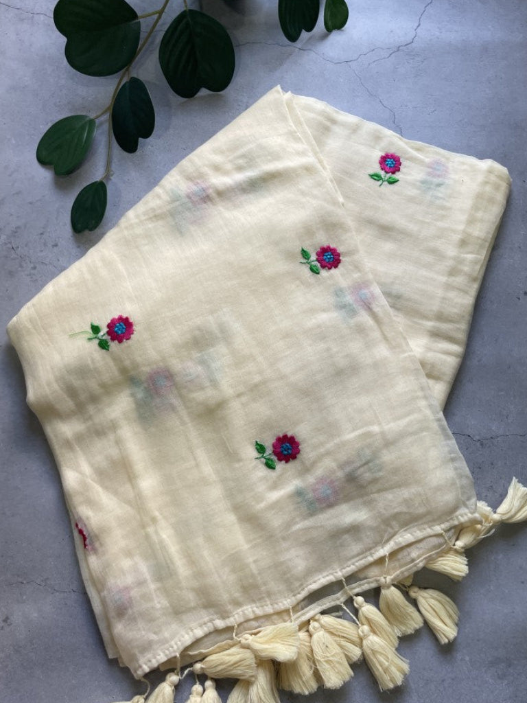 Off White Floral Embroidery Pure Mul Cotton Saree