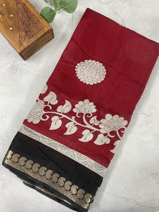 Red Printed Mul Cotton Saree