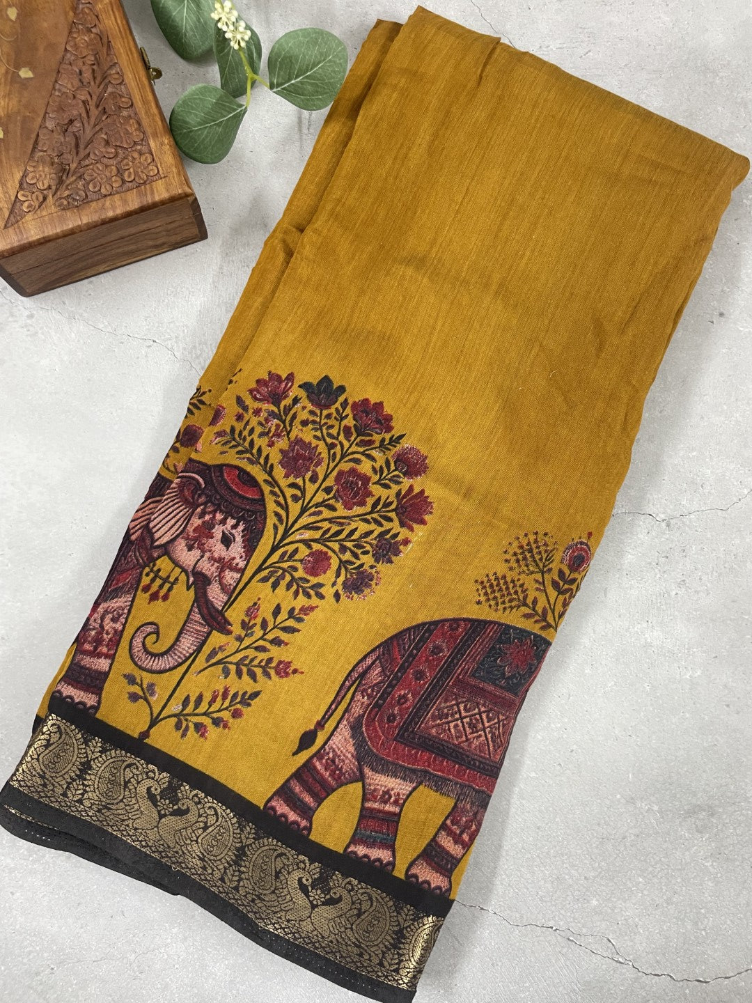 Mustard Elephant Printed Mul Cotton Saree