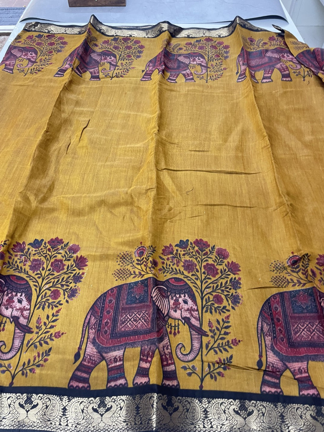 Mustard Elephant Printed Mul Cotton Saree