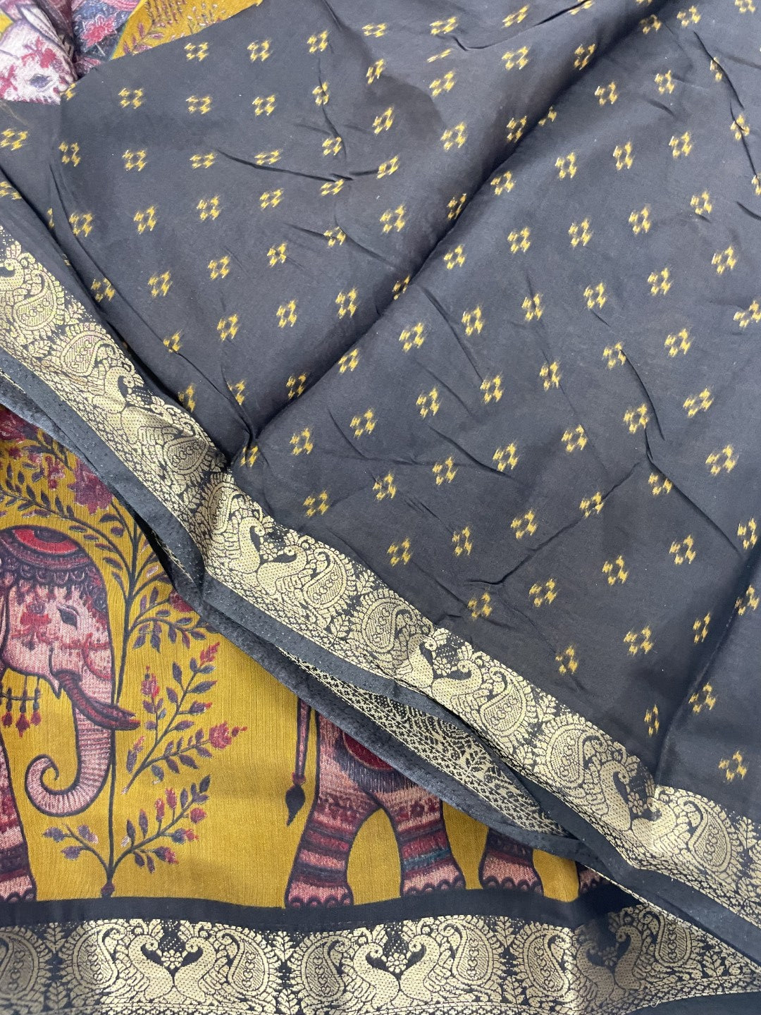 Mustard Elephant Printed Mul Cotton Saree