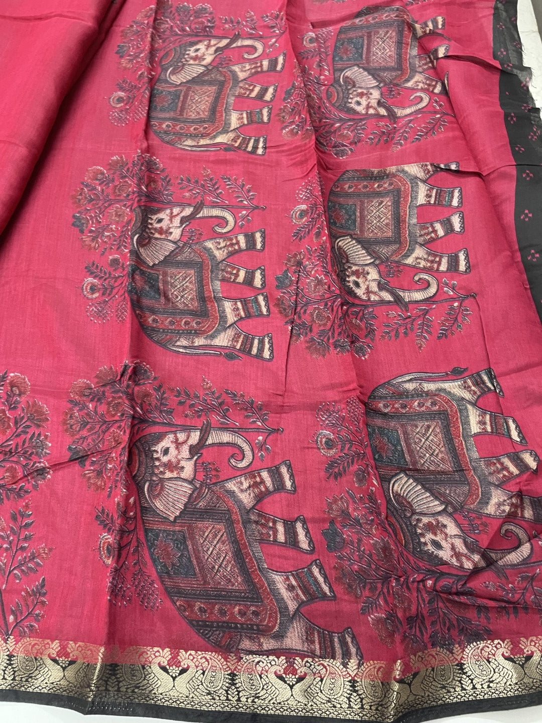 Pink Elephant Printed Mul Cotton Saree