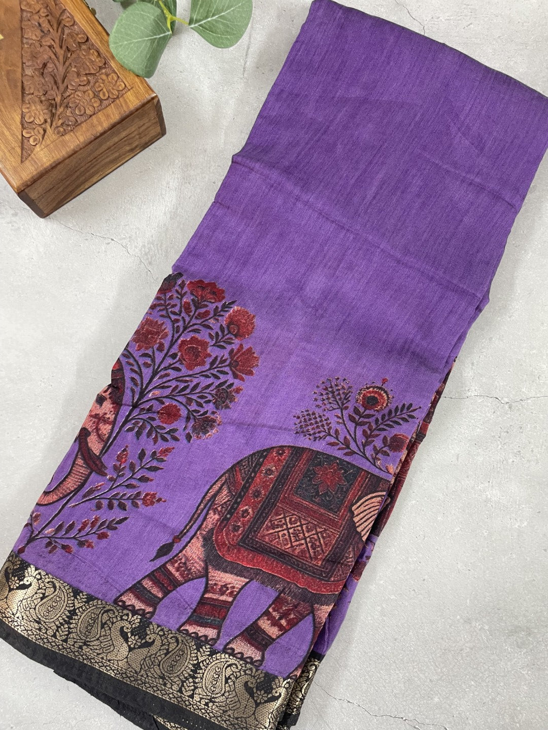 Lavender Elephant Printed Mul Cotton Saree
