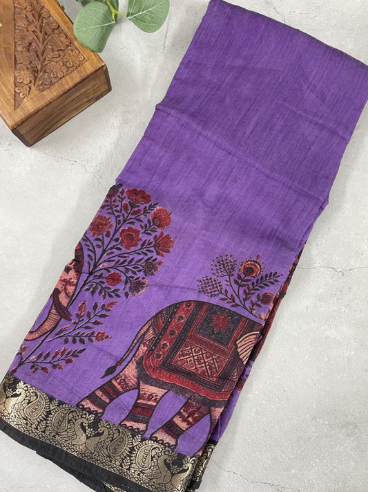 Lavender Elephant Printed Mul Cotton Saree
