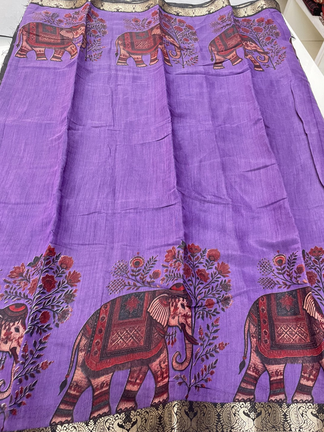 Lavender Elephant Printed Mul Cotton Saree
