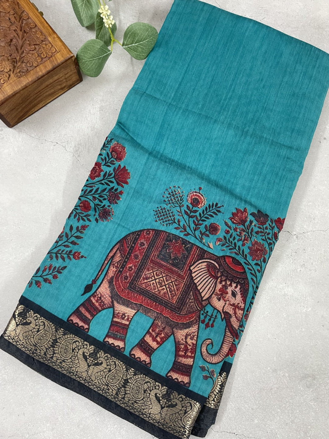 Blue Elephant Printed Mul Cotton Saree