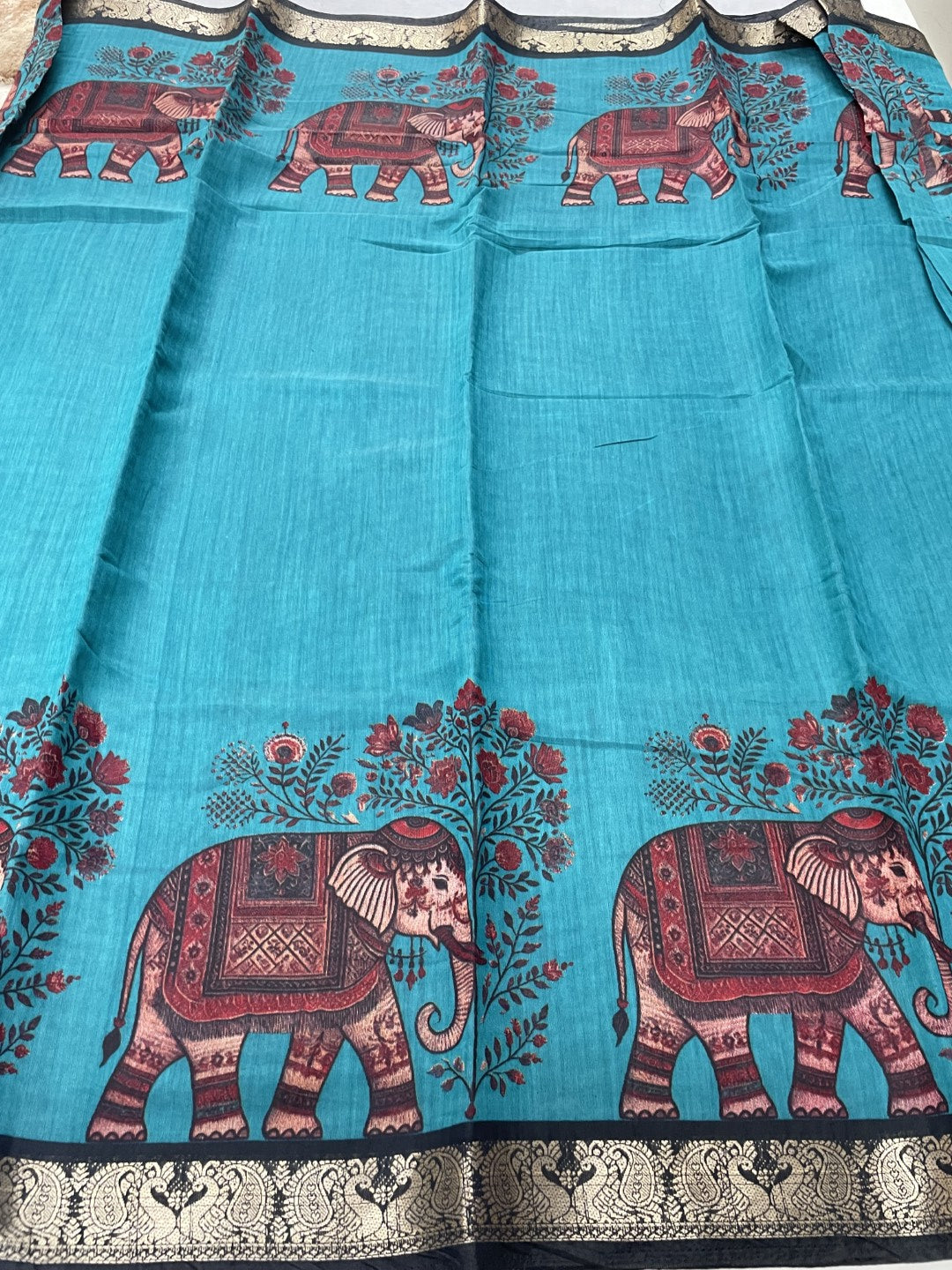 Blue Elephant Printed Mul Cotton Saree