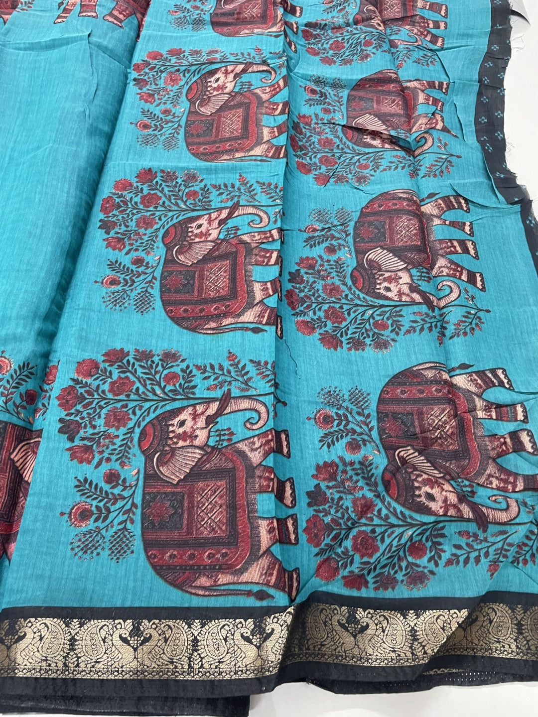 Blue Elephant Printed Mul Cotton Saree