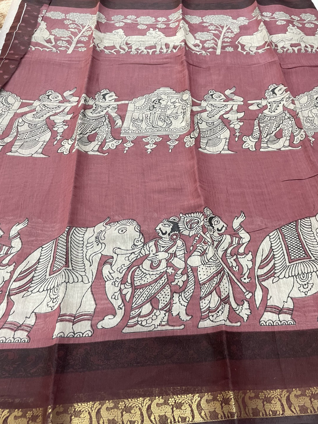 Onion Pink Kalamkari Printed Mul Cotton Saree