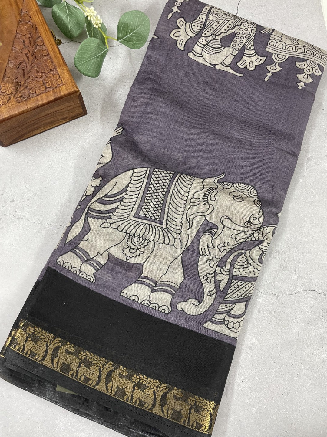 Grey Kalamkari Printed Mul Cotton Saree
