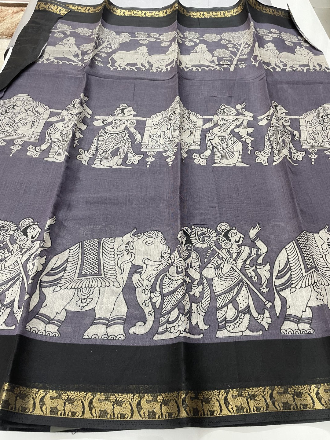Grey Kalamkari Printed Mul Cotton Saree