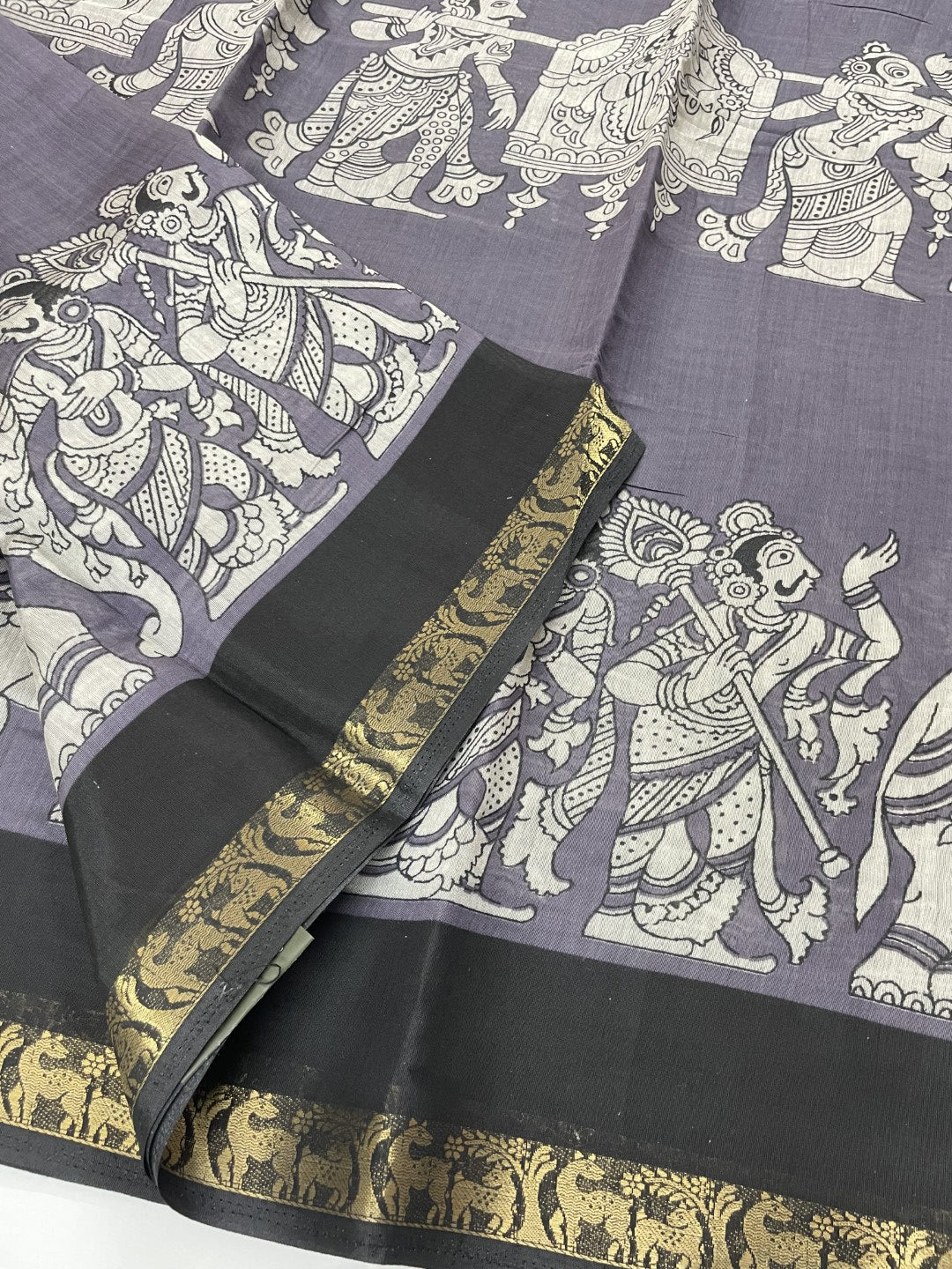 Grey Kalamkari Printed Mul Cotton Saree