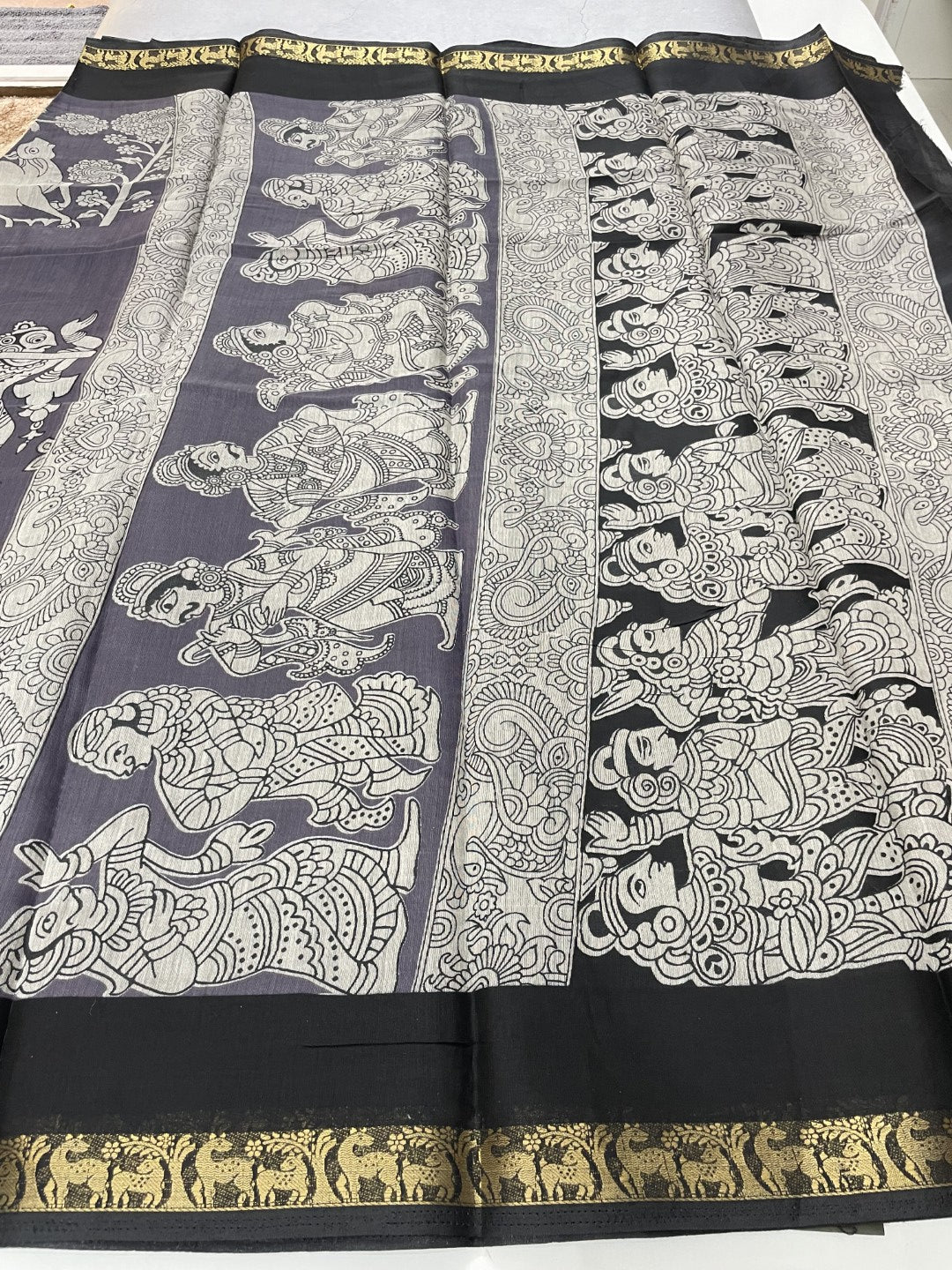 Grey Kalamkari Printed Mul Cotton Saree