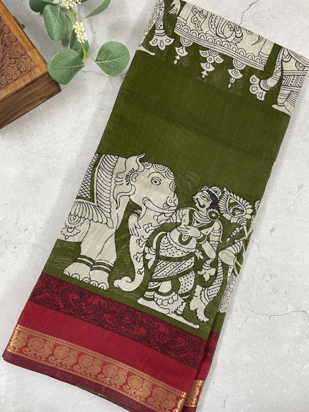 Olive Green Kalamkari Printed Mul Cotton Saree