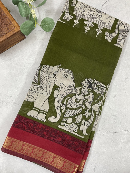Olive Green Kalamkari Printed Mul Cotton Saree