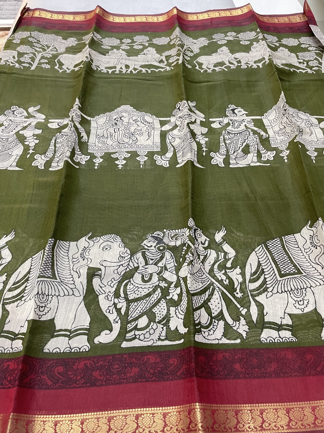 Olive Green Kalamkari Printed Mul Cotton Saree