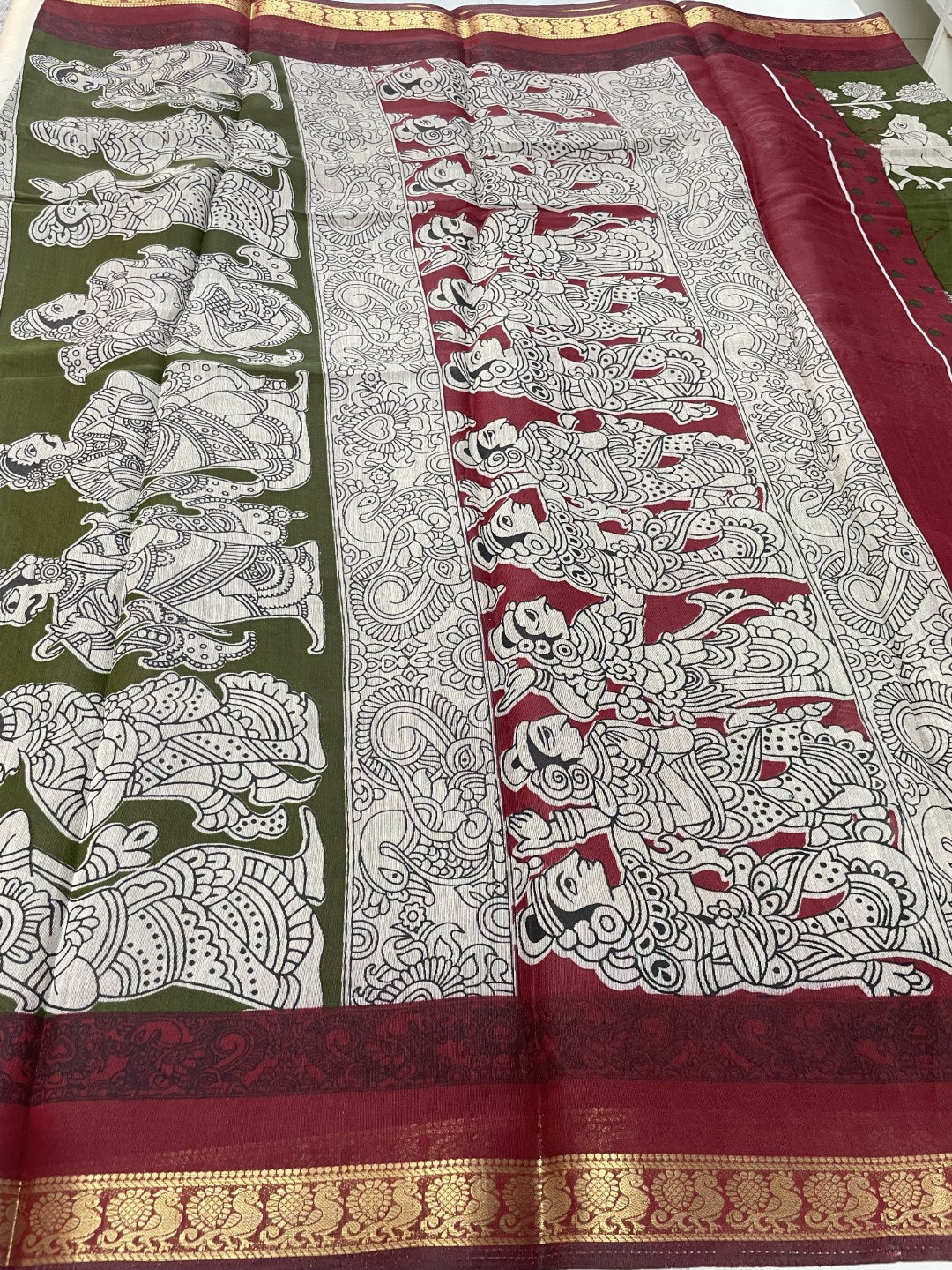 Olive Green Kalamkari Printed Mul Cotton Saree