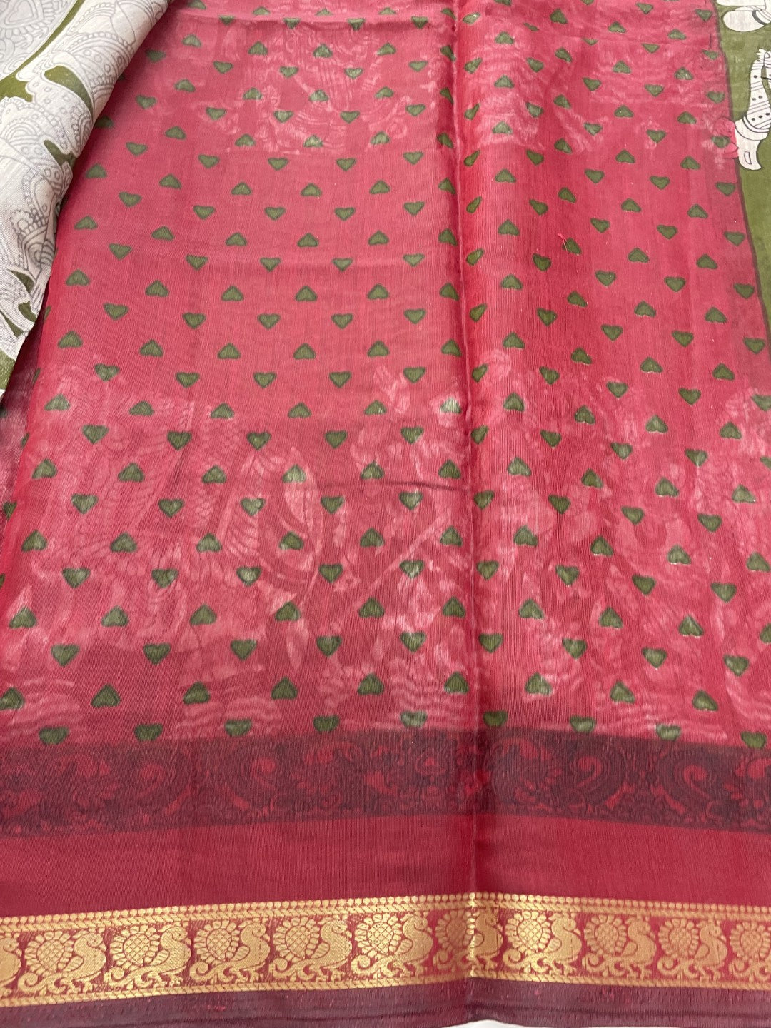 Olive Green Kalamkari Printed Mul Cotton Saree