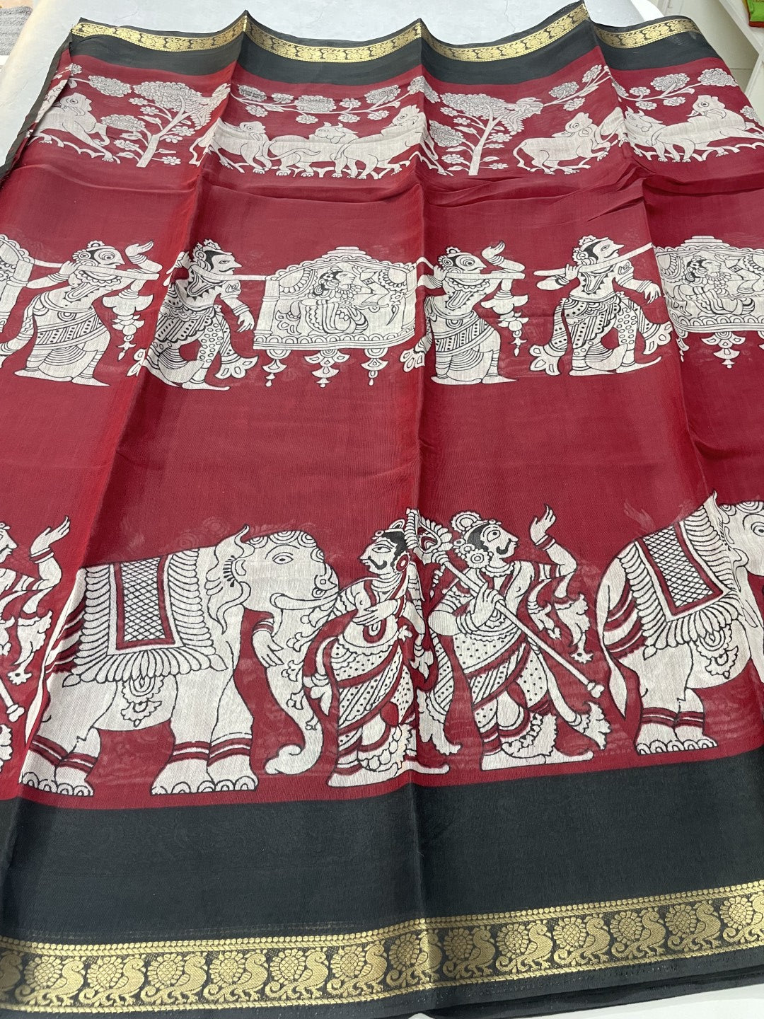 Red Kalamkari Printed Mul Cotton Saree