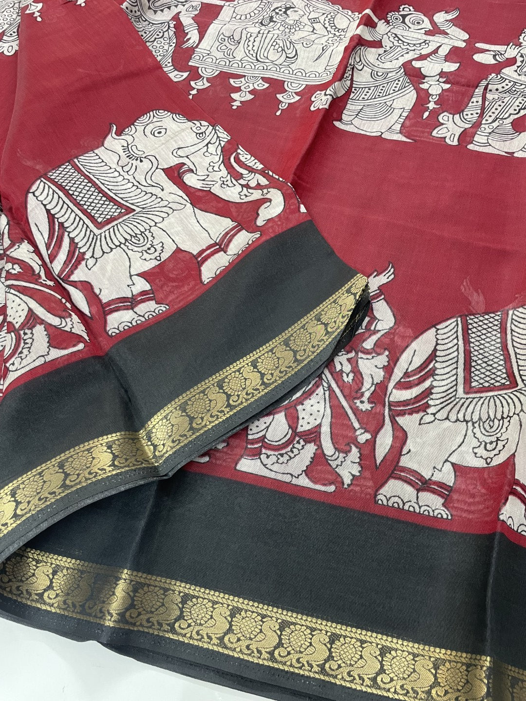 Red Kalamkari Printed Mul Cotton Saree