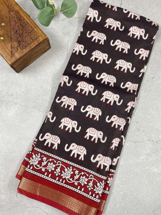 Black N Red Elephant Printed Mul Cotton Saree